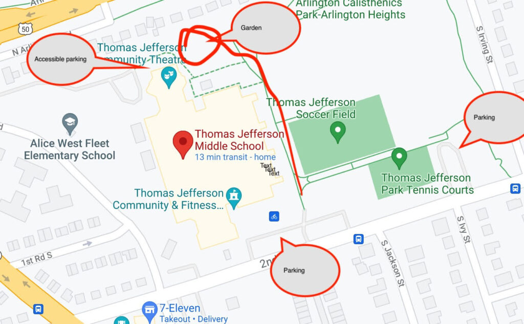 Map to the TJ Garden with parking noted
